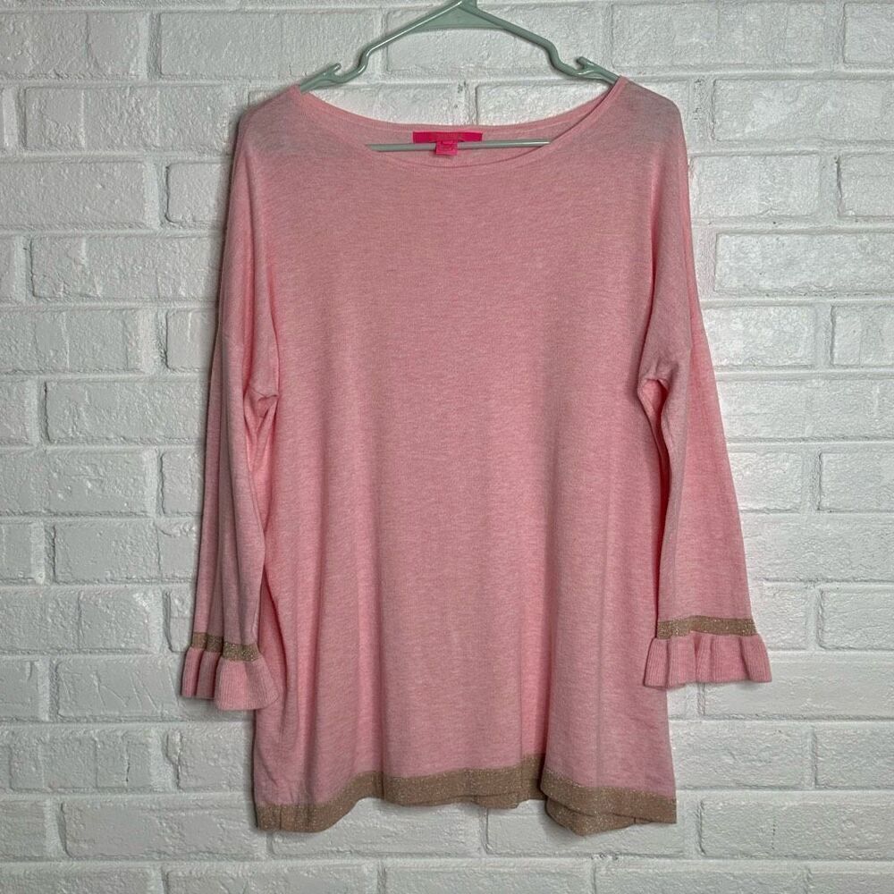 Lilly Pulitzer Charla Pink Sweater Metallic Ruffle Cuffs size‎ Medium